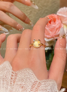 猫眼石猫咪开口戒指女生轻奢时尚个性金色食指戒2025年新款指环潮