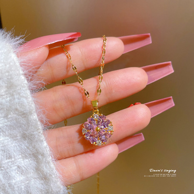 【钛钢】吉祥草粉钻气质微镶钻项链女精致风ins网红锁骨链配饰品