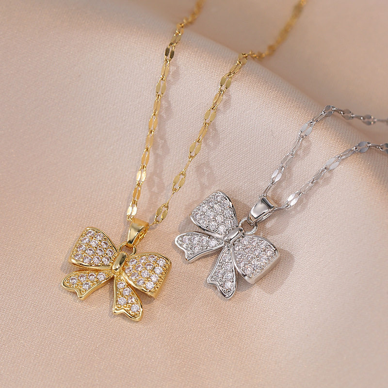 韩版满钻蝴蝶结项链女轻奢小众新款铜锆石吊坠气质时尚蝴蝶锁骨链