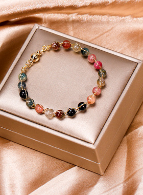 巴度碧玺吸铁石手链女14K招财转运幸运手串七彩水晶手饰珠子