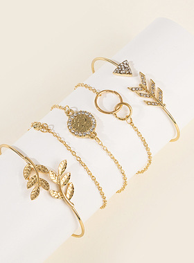 欧美热卖手链5件套 2022创意叠戴镶钻圆圈树叶箭头开口手镯首饰