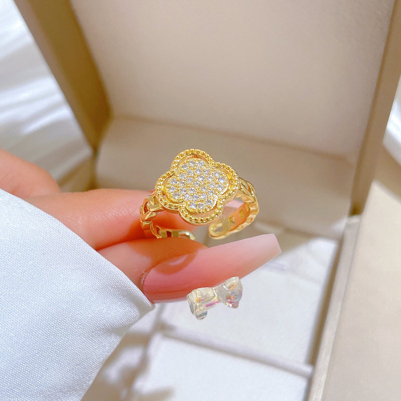 【真金】轻奢幸运草戒指开口可调节款简约手饰日系指环情侣对戒