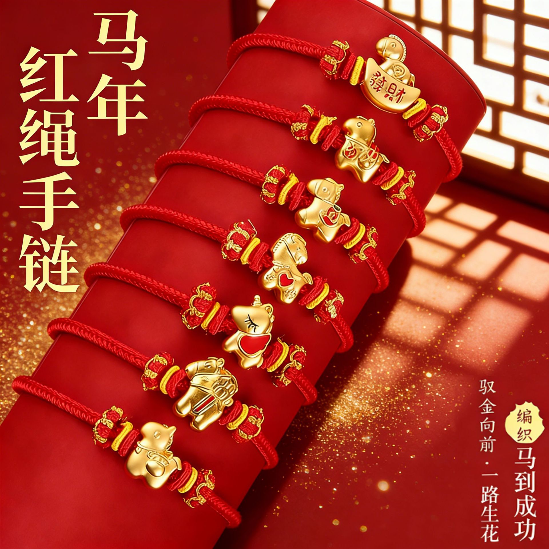 岑马上有钱手链手饰可穿黄金珠百搭成人儿童本命年红绳精编织手绳