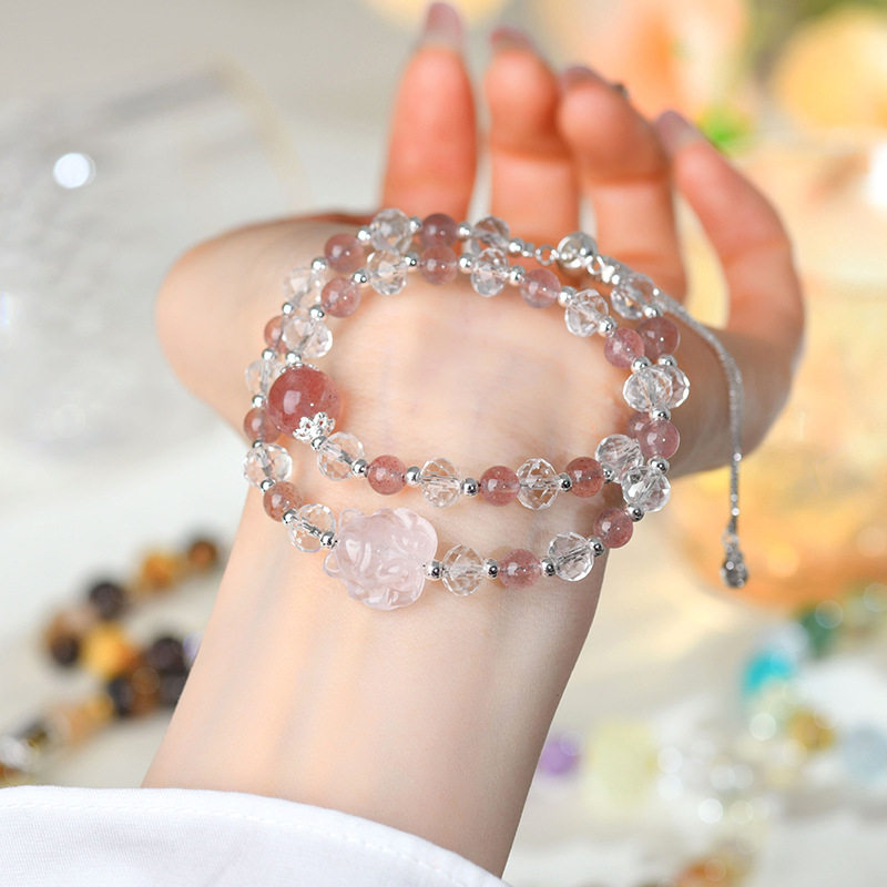 天然草莓晶白水晶双圈时尚手链 粉晶九尾狐北京宫里文创爆款手串,饰品/流行首饰/时尚饰品新,手链,淘宝优惠券,粉丝福利购,淘宝优惠卷