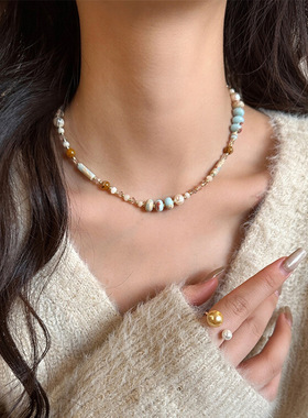 淡水珍珠彩色寿山石手工串珠项链时尚琉璃珠设计感个性颈链锁骨链
