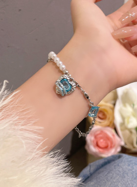 薄荷蓝色爱心珍珠手链女生甜酷风小众百搭手串新款气质仙女手饰品