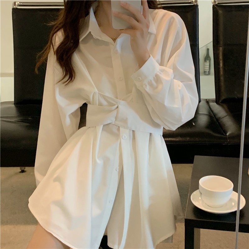 法式白色收腰连衣裙女春夏2025新款设计感小众显瘦长袖衬衫a字裙