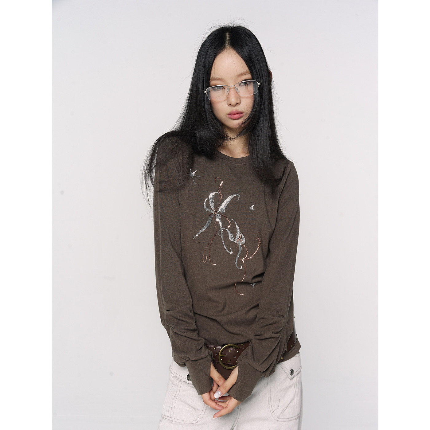 CONFUN灯笼袖珠片绣花抽褶圆领上衣