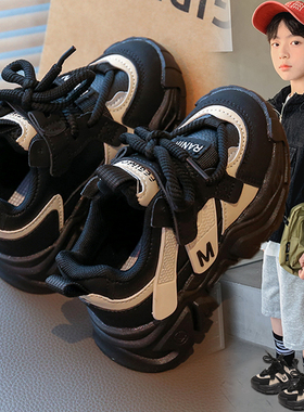 童鞋男童运动鞋秋季2025新款儿童黑色皮面鞋子中大童爆款老爹鞋潮