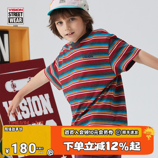 VISION KIDS 童装男女儿童夏季美式撞色条纹刺绣LOGO宽松短袖T恤