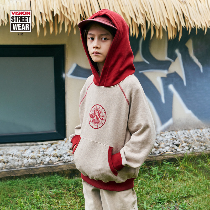 VISION KIDS 美式复古宽松插肩袖连帽拼色卫衣男女童装25春新款