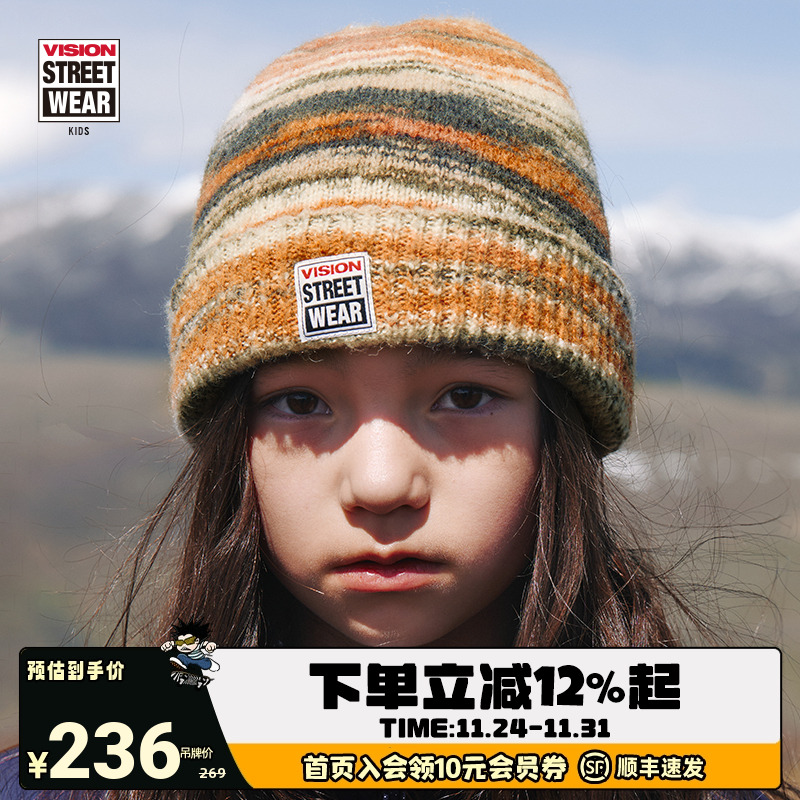VISION童装 美式复古LOGO混纺保暖冷帽针织毛线帽男女儿童25冬新