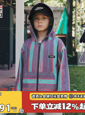 VISION童装 美式复古色织条纹双面穿连帽牛仔外套男女儿童26春新