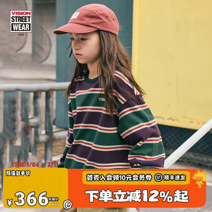 VISION KIDS 美式复古撞色条纹宽松落肩圆领卫衣男女儿童童装秋季