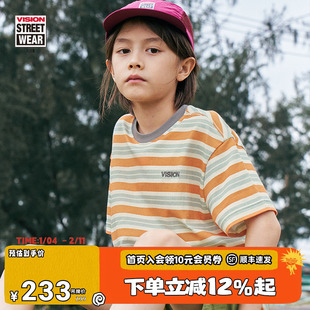 VISION童装 美式撞色条纹刺绣LOGO宽松短袖T恤男女同款夏季新款