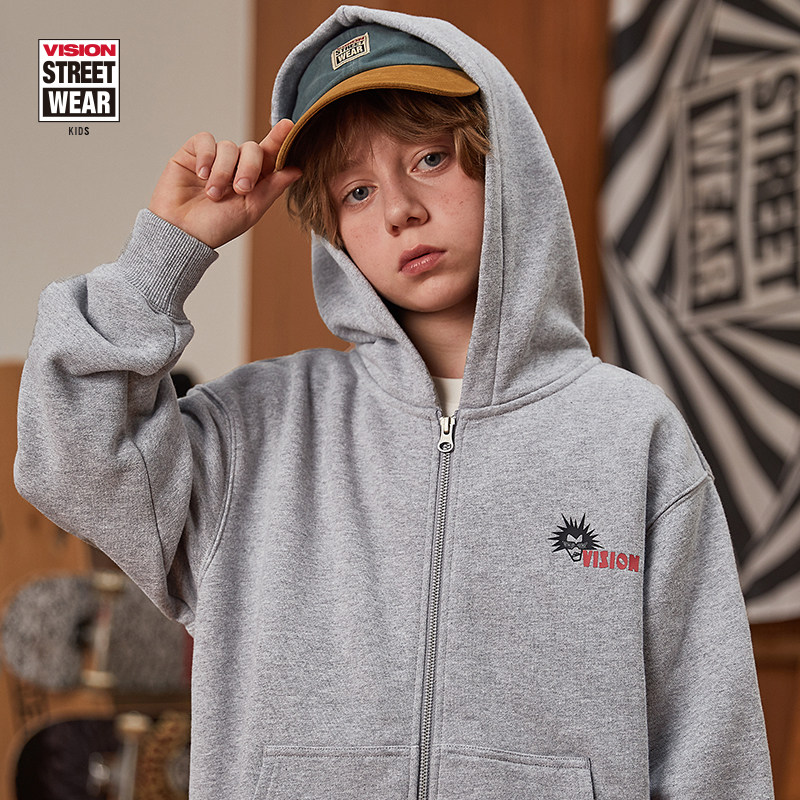 VISION童装 美式复古连帽拉链外套开衫卫衣男女儿童春季