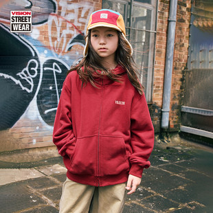 复古新年红色拉链连帽卫衣外套男女儿童童装 美式 秋冬 KIDS VISION