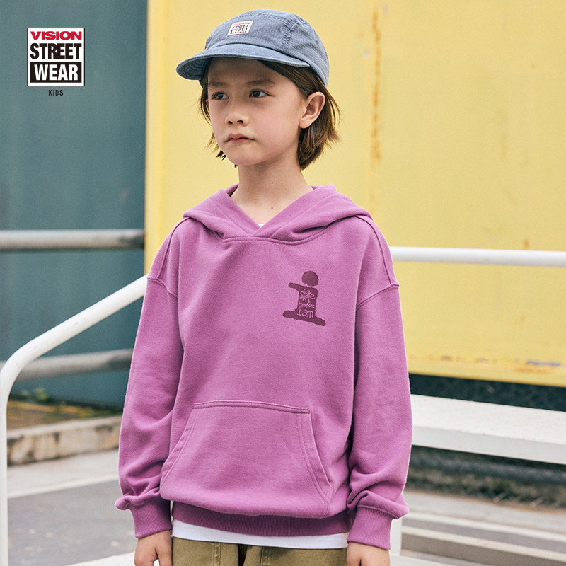 VISION童装 美式复古街头宽松印花连帽套头卫衣男女儿童春季