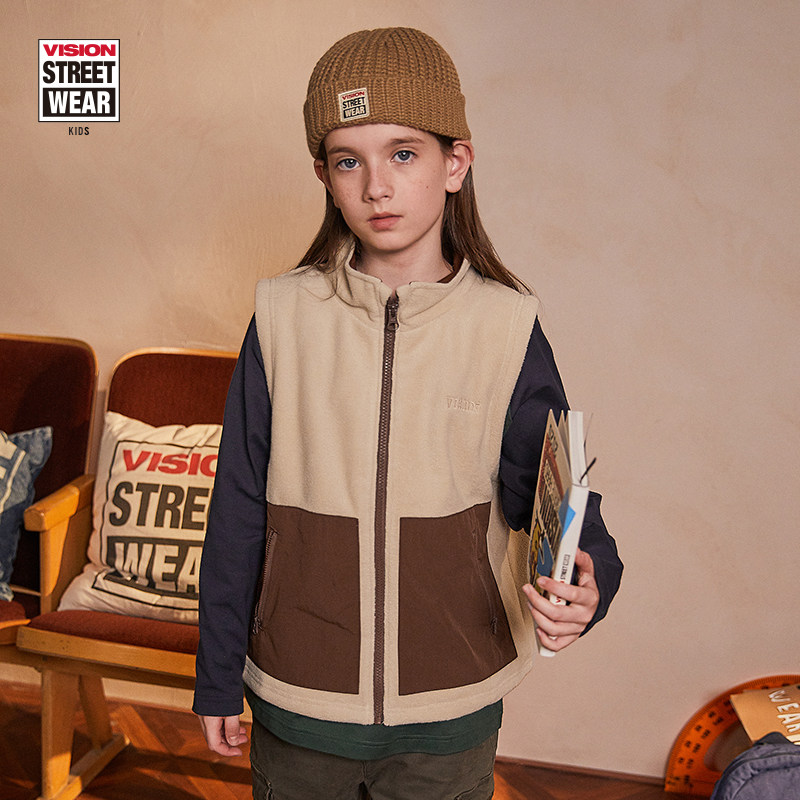 VISION KIDS 童装男女儿童美式复古宽松摇粒绒拼接短款背心马甲