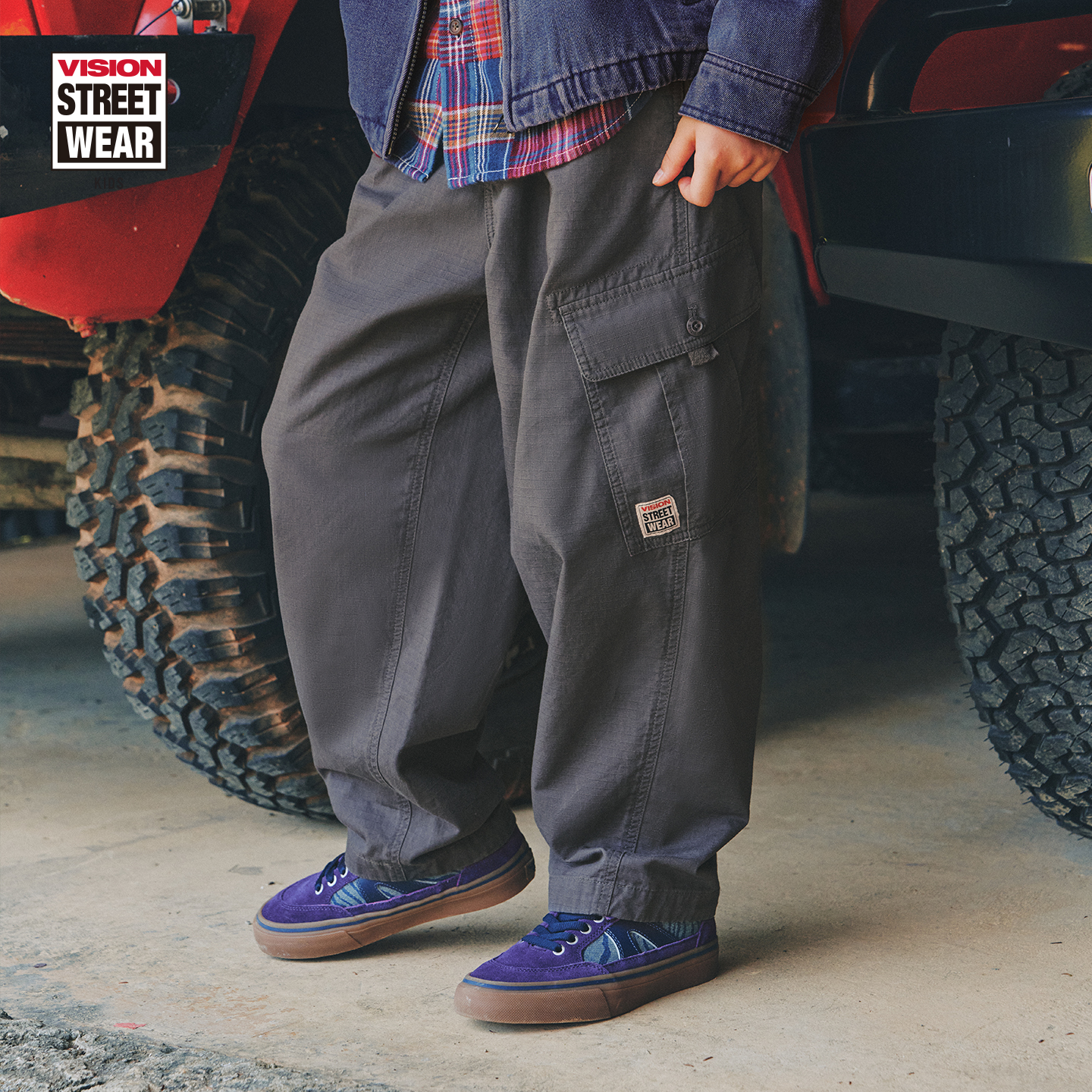 VISION童装  美式复古多口袋宽松直筒梭织长裤男女儿童26春季新款