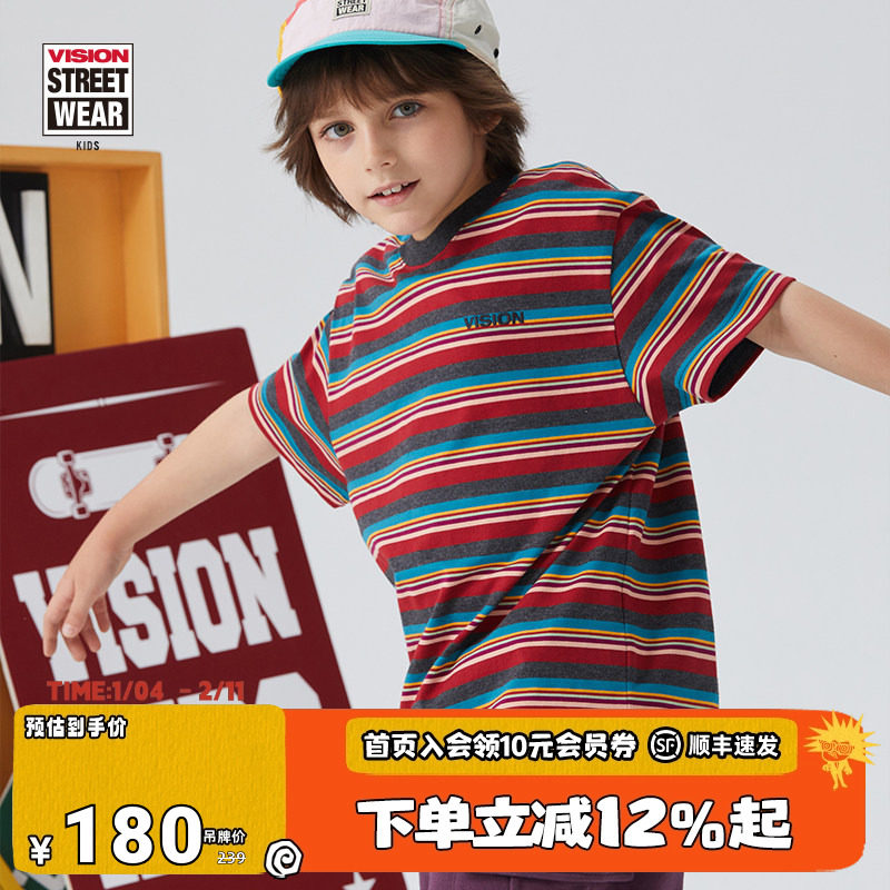 VISION KIDS 童装男女儿童夏季美式撞色条纹刺绣LOGO宽松短袖T恤,童装/婴儿装/亲子装,T恤,淘宝优惠券,粉丝福利购,淘宝优惠卷