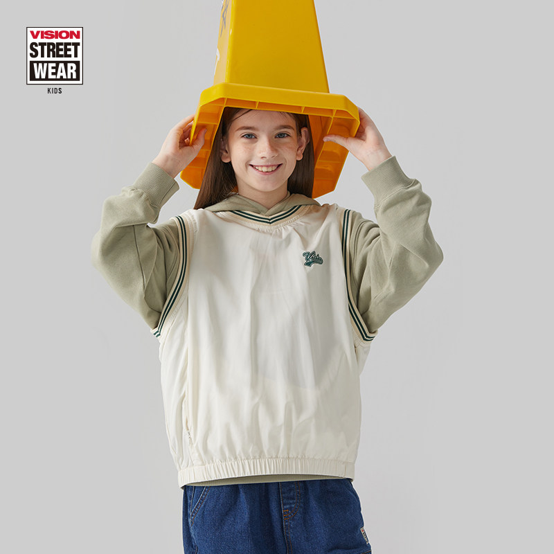 VISION童装 美式复古运动宽松套头梭织背心马甲男女儿童春季