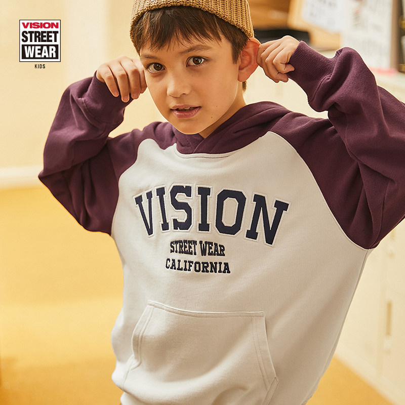VISION 童装 美式复古时尚撞色宽松运动连帽卫衣男女儿童春季