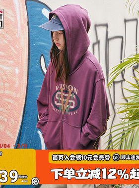 VISION KIDS 复刻历史图案宽松落肩连帽拉链卫衣2色男女童装25春