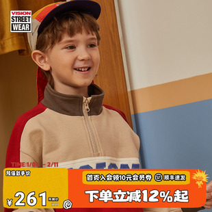 VISION KIDS 童装男女儿童美式复古拼接撞色立领宽松针织卫衣