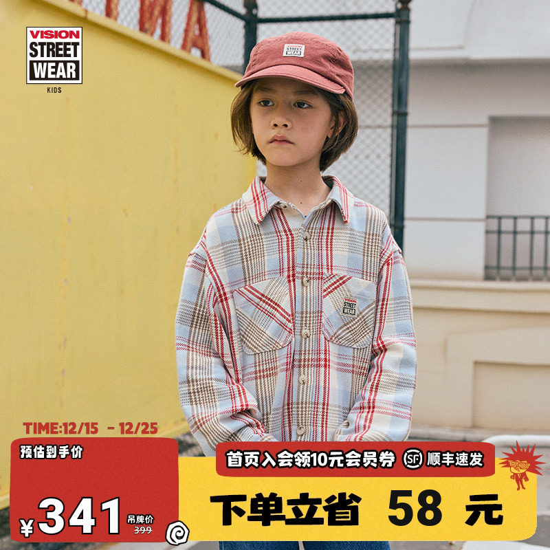 VISION KIDS 美式复古宽松格纹工装长袖衬衫外套秋冬男女儿童童装