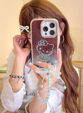 薄荷棕kitty线条适用苹果17ProMax手机壳iPhone16pro全包15新款14Pro软13por防摔手链保护套kt哈喽helloKitty