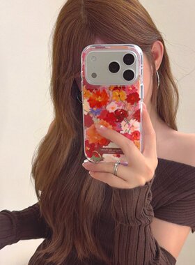韩国ins红棕色系油画花适用iPhone17标准版苹果16promax手机壳15pro新款小众高级感14光面防摔13保护外壳2025