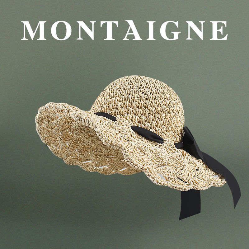 法国Montaigne/蒙田日式草帽女蝴蝶结手工草编大檐防晒遮阳渔夫帽