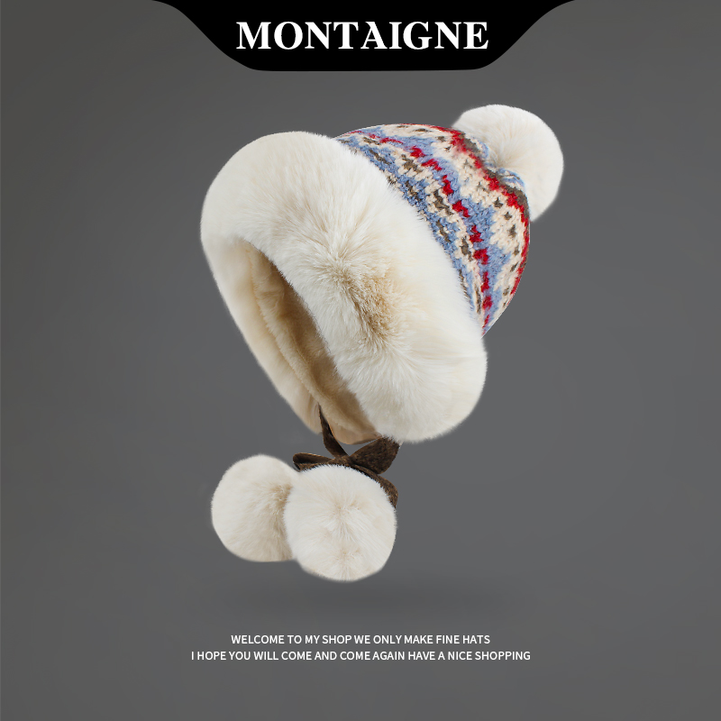 法国Montaigne/蒙田针织防寒帽加厚毛绒2024冬女雷锋针织护耳帽子