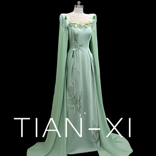 中式 晚礼服女主持人舞台表演古筝琵琶民歌声乐绿色独唱演出服长裙