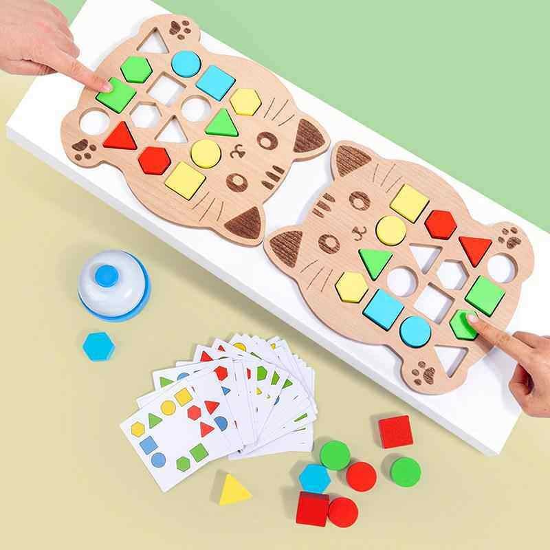 儿童亲子几何形状配对立体木质拼板思维训练对战桌面小游戏玩具