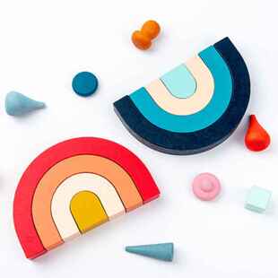 儿童彩虹拱桥半圆积木木制彩虹摆件弯板七彩形状组合小人叠叠乐