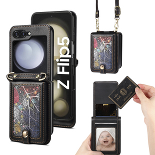 带卡包适用三星折叠屏Zflip6手机壳Zflip5带挂绳Zflip4新款铰链全包Zflip3手机套高级感可斜挎插卡保护套防摔