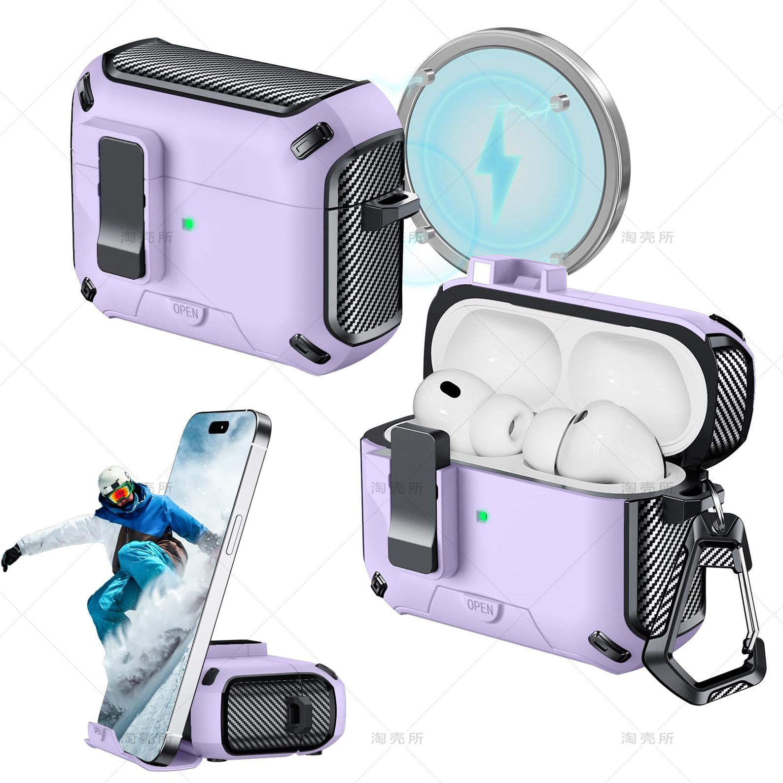 适用苹果airpods pro3带锁扣pro2保护套自动弹盖airpods4降噪版保护壳带手机支架airpod3耳机壳全包防摔