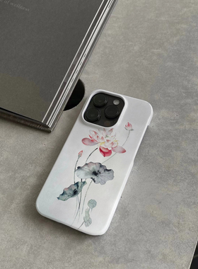 水墨映日红荷花适用于苹果14手机壳14plus新中式13古风13proxsmax创意xr防摔菲林硬壳