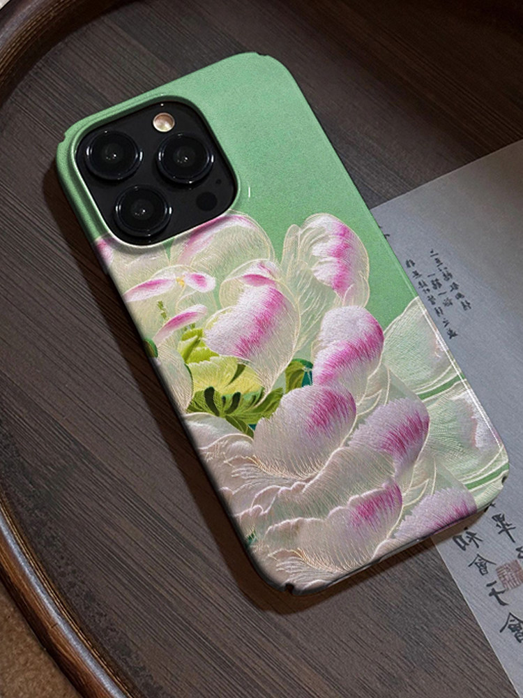 苏绣 胭脂红白牡丹 适用于苹果14手机壳新款新中式iphone14promax亮面14pro菲林11复古ipnoe女款全包12网红