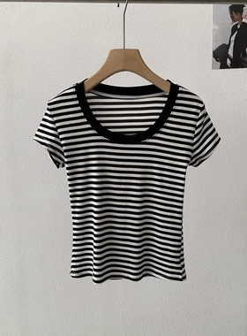 欧玛莱 U领撞色条纹正肩短袖T恤2026春夏季新款显瘦上衣实拍6111