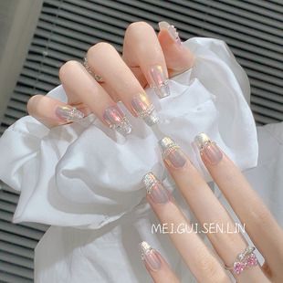 法式 2025新款 幻彩水晶穿戴甲网红爆款 成品仙爆闪美甲 玫瑰森林