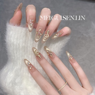 玫瑰森林蛇来运转猫眼手工穿戴甲香槟满钻高级长款 可拆卸千金美甲
