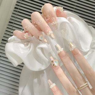 中长款 月光泡泡法式 美甲成品手工定制珍珠堆钻穿戴甲 玫瑰森林