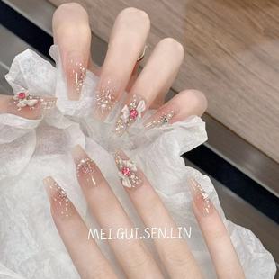 玫瑰森林蔷薇蜜茶纯手工穿戴甲法式 显白美甲贴 浪漫温柔蝴蝶结长款