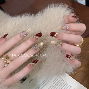 美甲 长款 玫瑰森林法式 伯爵穿戴甲手作新年红烟花爆闪钻猫眼法式