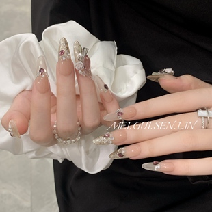 玫瑰森林梅紫手工穿戴甲长款 轻奢高级感猫眼爆闪大钻蕾丝显白美甲