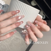 玫瑰森林花语手工穿戴甲粉色渐变猫眼花朵蝴蝶法式 短款 高级感美甲