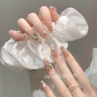 高级美甲成品 长款 玫瑰森林松岛冰茶香槟钻手工穿戴甲2025新款 法式